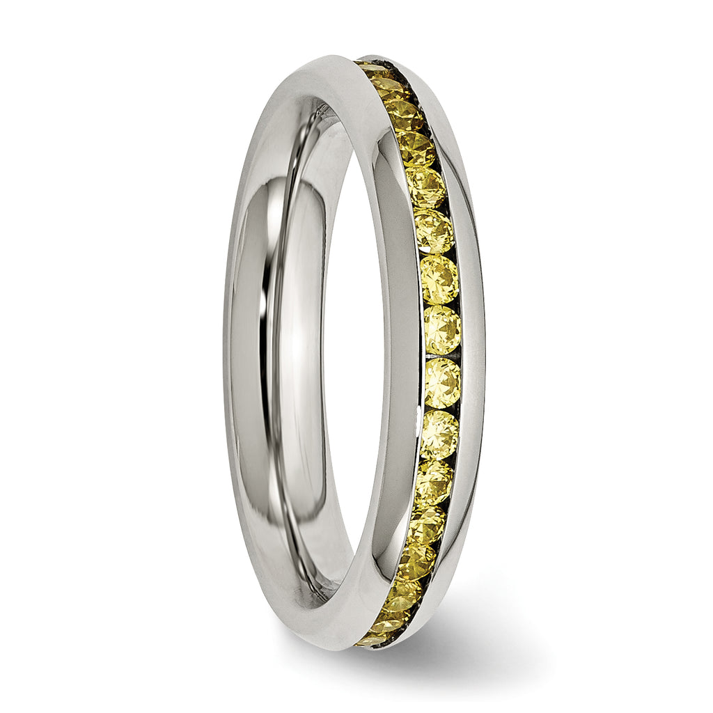 Chisel Stainless Steel Polished 4mm November Yellow CZ Ring
