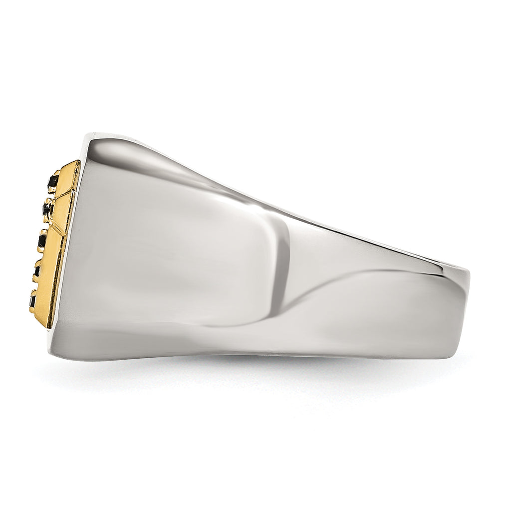 Chisel Stainless Steel Polished with 14k Gold Accent 1/15 Carat Sapphire Cross Signet Ring