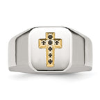Chisel Stainless Steel Polished with 14k Gold Accent 1/15 Carat Sapphire Cross Signet Ring
