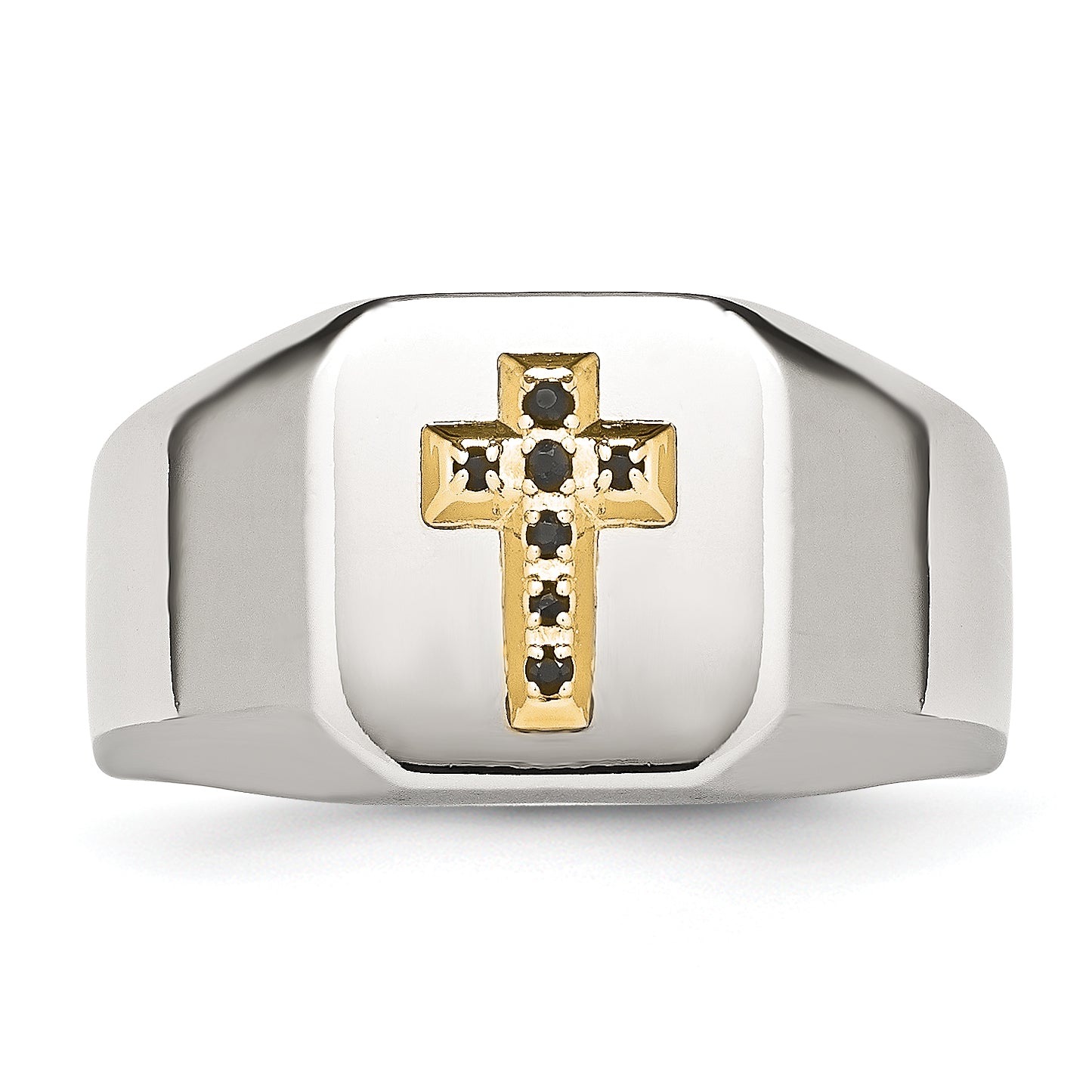 Chisel Stainless Steel Polished with 14k Gold Accent 1/15 Carat Sapphire Cross Signet Ring