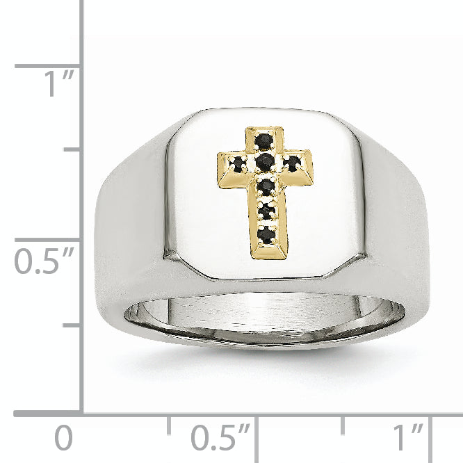 Chisel Stainless Steel Polished with 14k Gold Accent 1/15 Carat Sapphire Cross Signet Ring