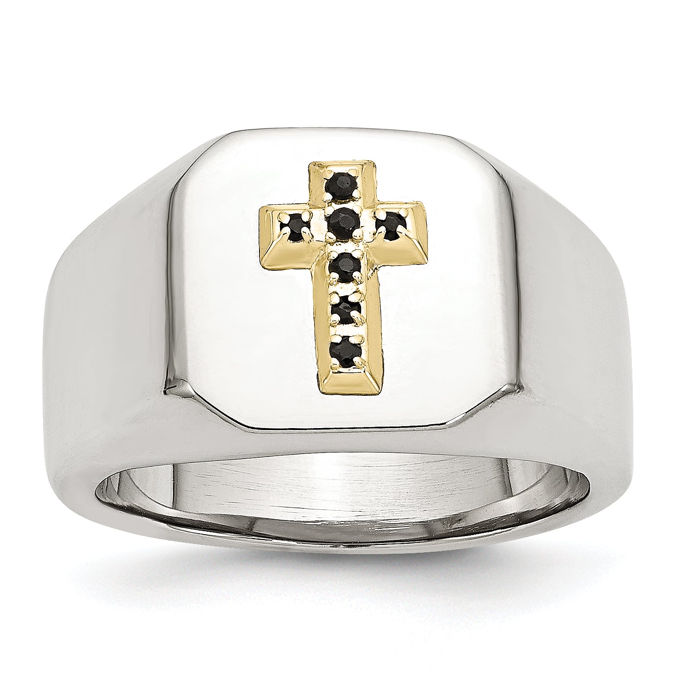Chisel Stainless Steel Polished with 14k Gold Accent 1/15 Carat Sapphire Cross Signet Ring Main image
