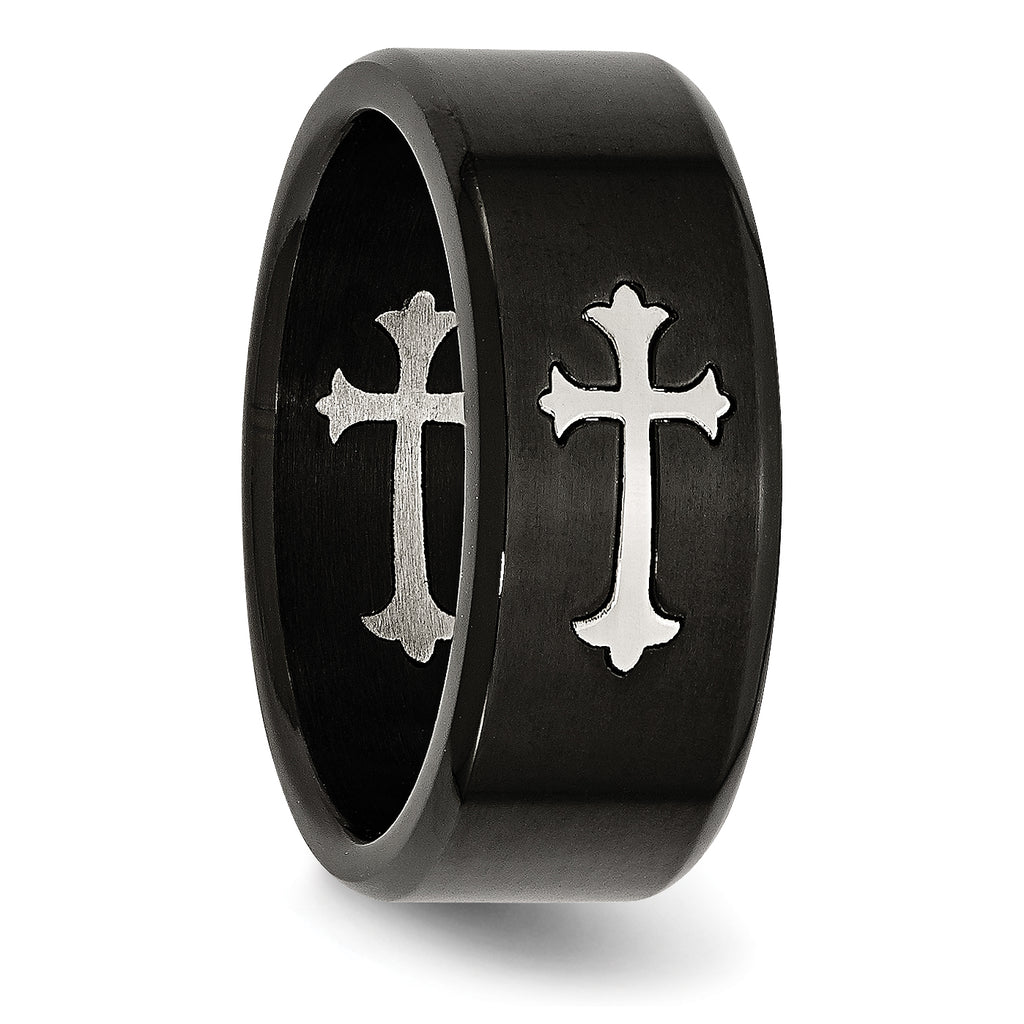 Chisel Stainless Steel Brushed Black IP-plated with Cross 9mm Band