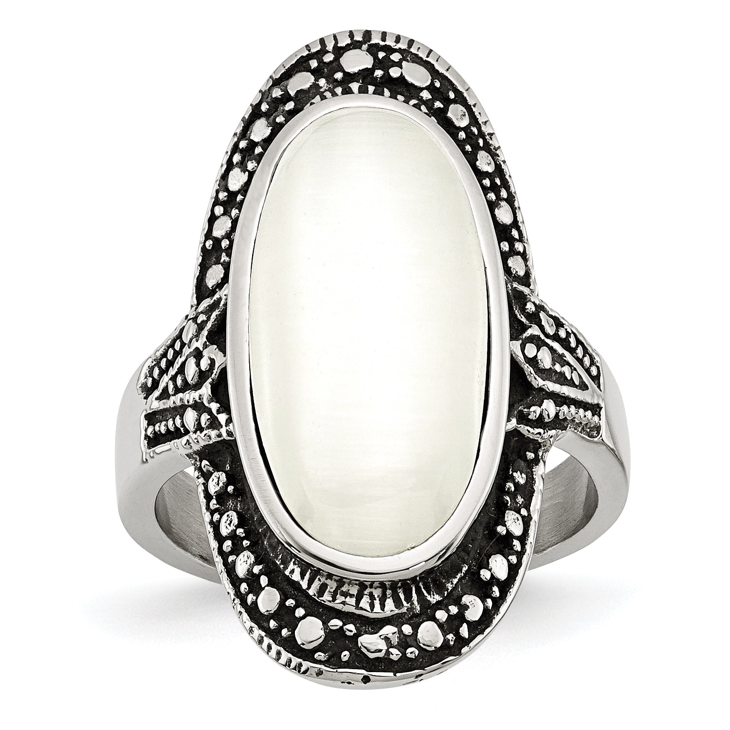 Stainless Steel Antiqued & White Cat's Eye Ring Main image