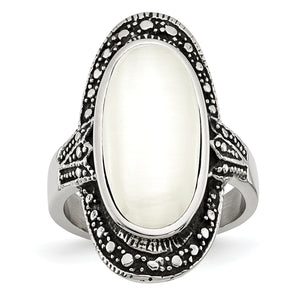 White Cat's Eye Ring in Stainless Steel, Antiqued - Sophia Jewelers