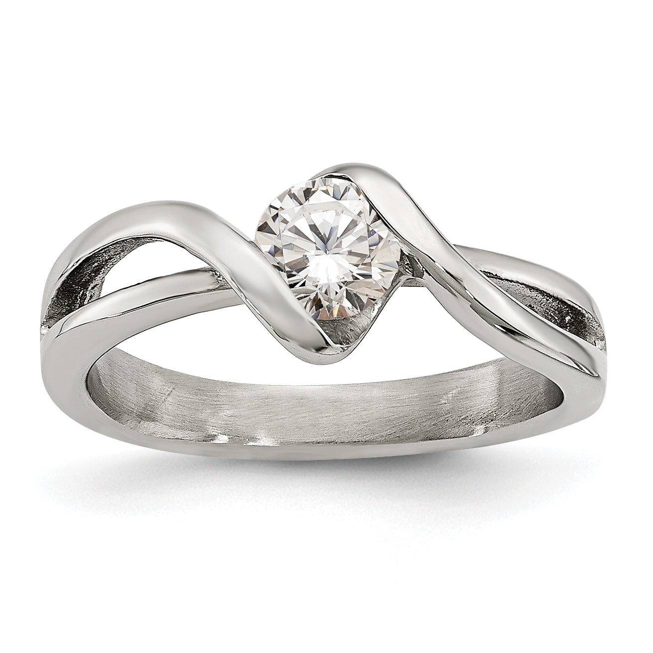 Chisel Stainless Steel Polished Twist with Round CZ Ring Main image