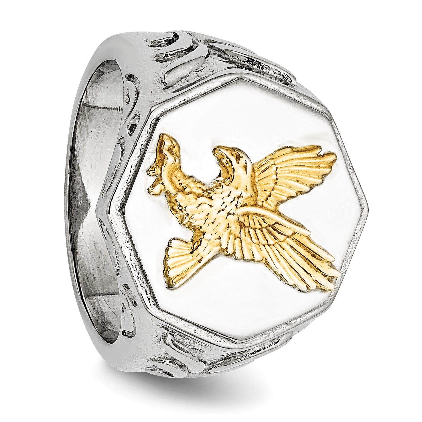 Chisel Stainless Steel Polished Yellow IP-plated with Sterling Silver Eagle Ring