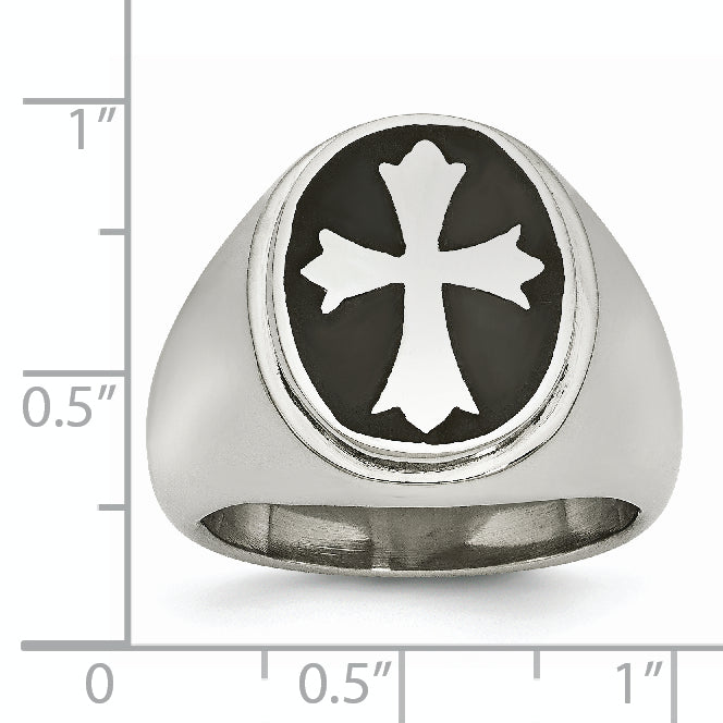 Chisel Stainless Steel Polished Black Enameled Cross Ring