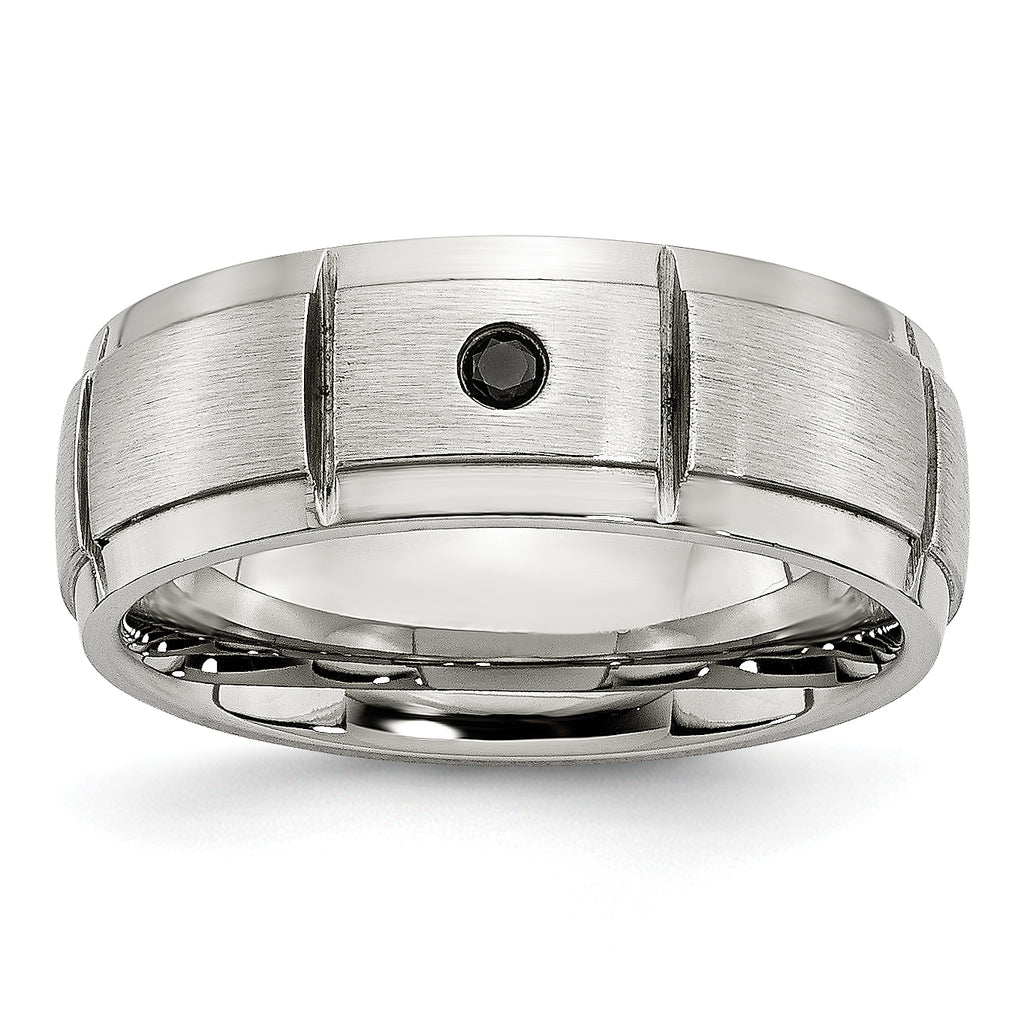 Chisel Stainless Steel Polished Brushed Center 1/20 carat Black Diamond 8mm Band