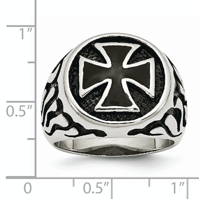 Chisel Stainless Steel Antiqued Polished and Textured Black IP-plated Cross Ring