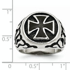 Chisel Stainless Steel Antiqued Polished and Textured Black IP-plated Cross Ring