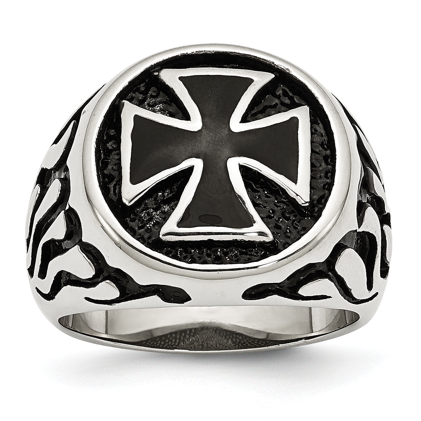 Chisel Stainless Steel Antiqued Polished and Textured Black IP-plated Cross Ring Main image