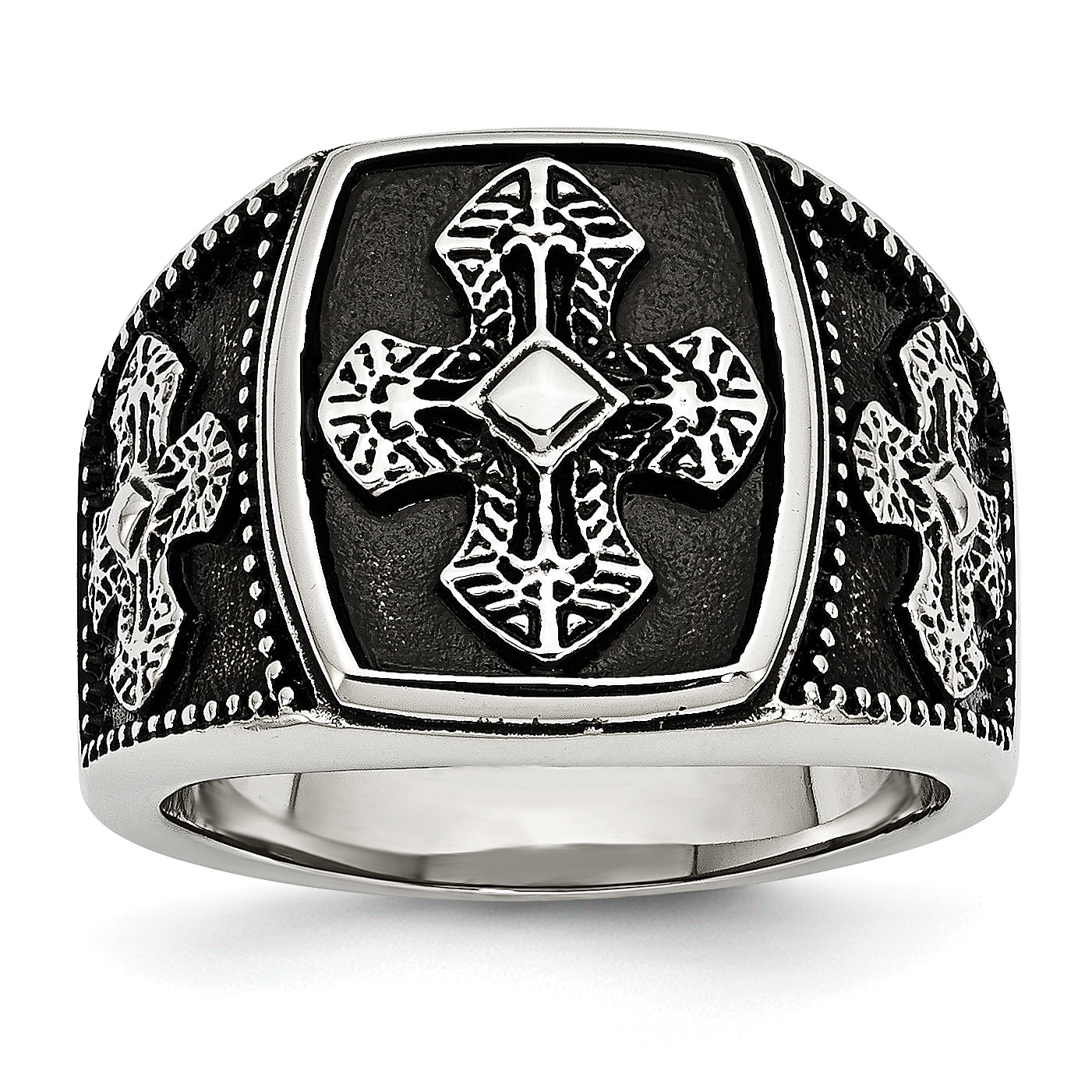 Chisel Stainless Steel Antiqued Polished and Textured Cross Ring Main image