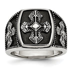 Chisel Stainless Steel Antiqued Polished and Textured Cross Ring