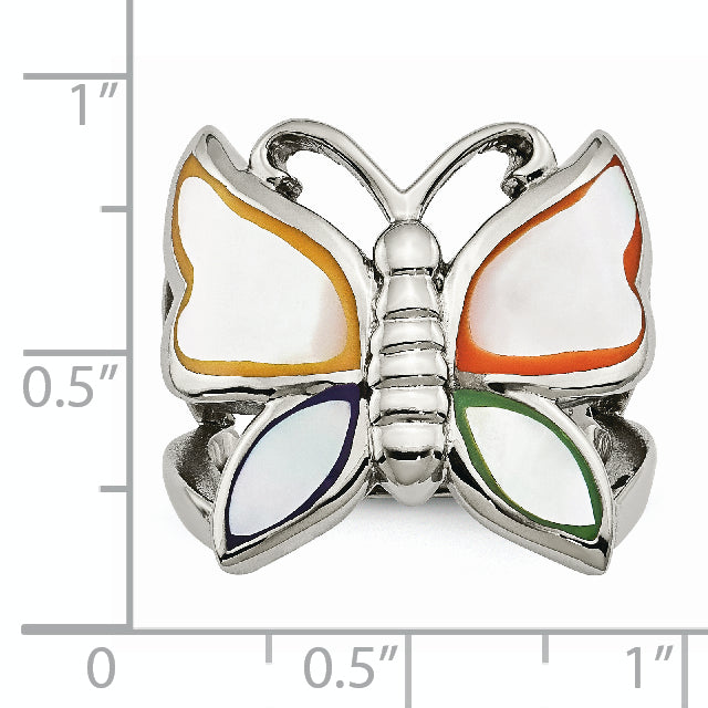 Stainless Steel Polished and Enameled Shell Butterfly Ring