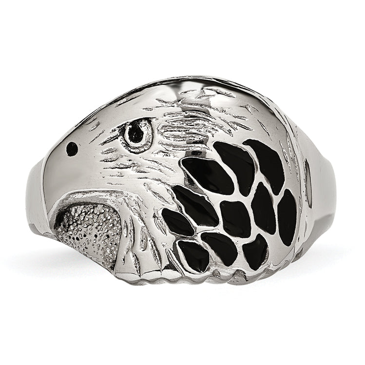 Chisel Stainless Steel Polished and Textured Black Enameled Eagle Ring