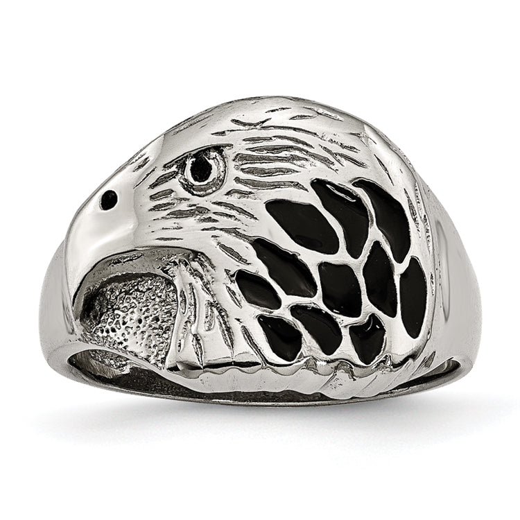 Chisel Stainless Steel Polished and Textured Black Enameled Eagle Ring Main image