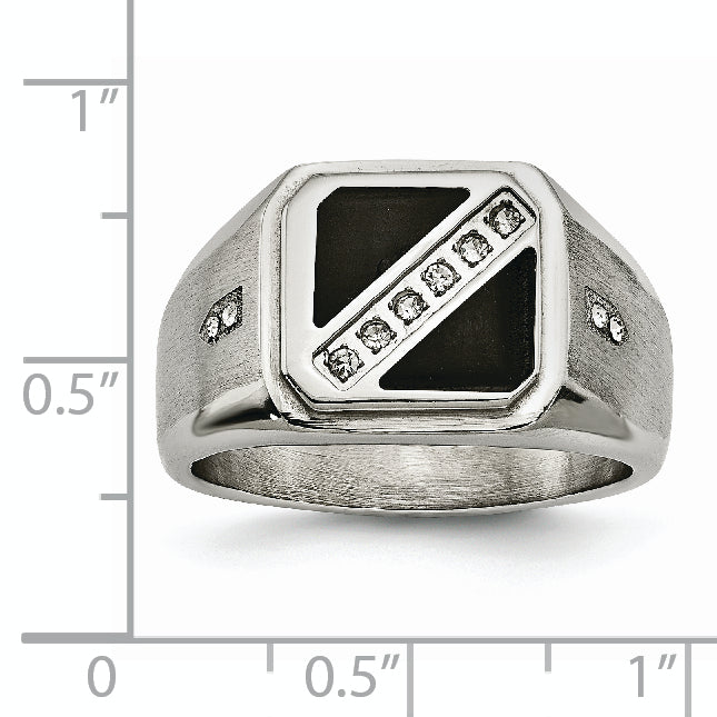 Chisel Stainless Steel Brushed and Polished with Black Enamel CZ Ring