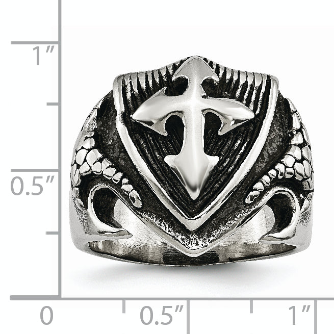 Chisel Stainless Steel Antiqued Polished and Textured Shield Ring