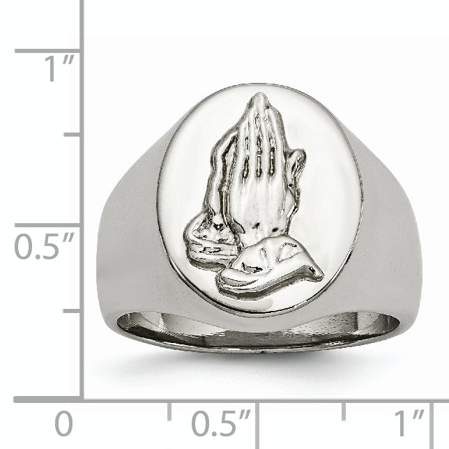 Chisel Stainless Steel Polished with Sterling Silver Praying Hands Ring