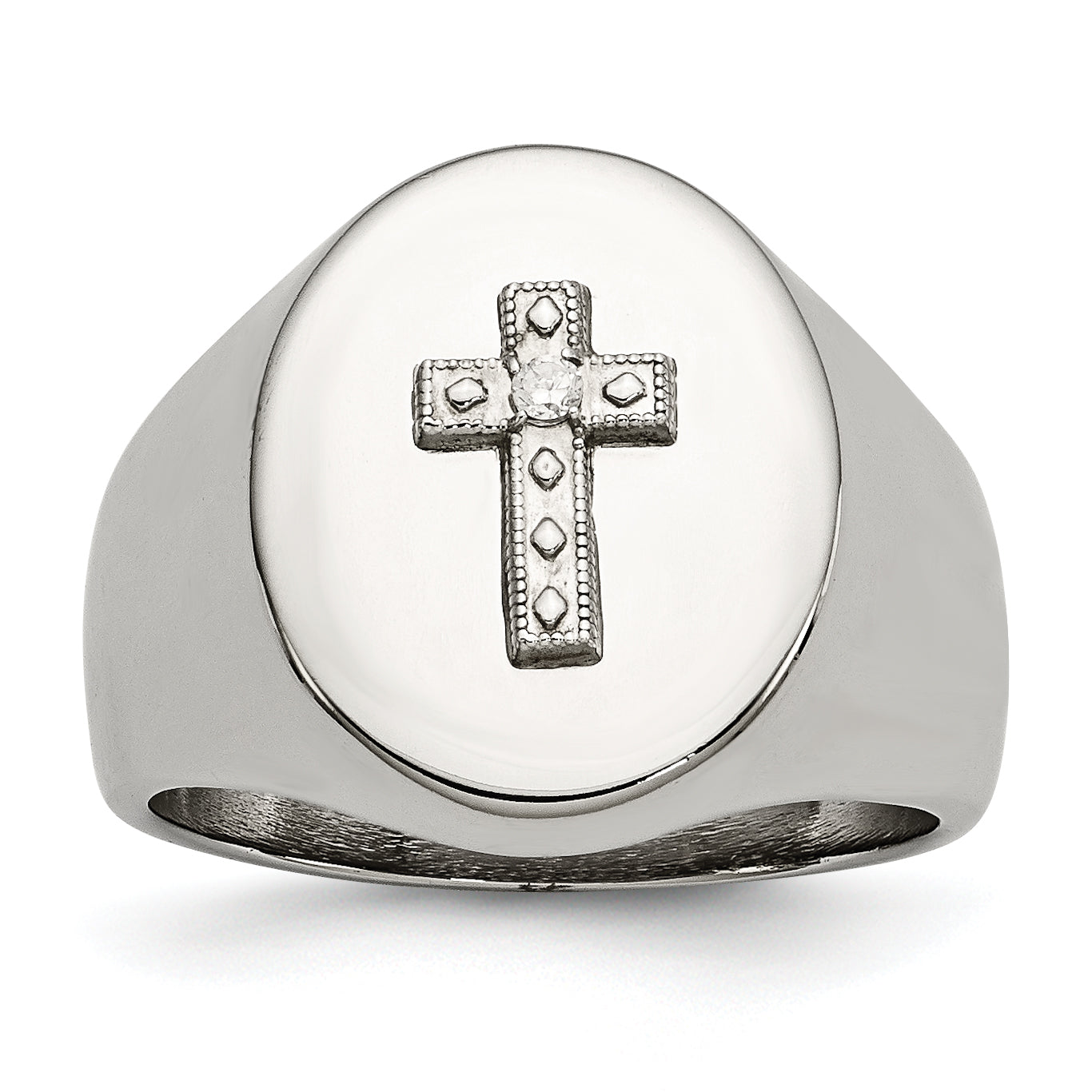 Chisel Stainless Steel Polished with Sterling Silver Cross and CZ Signet Ring Main image