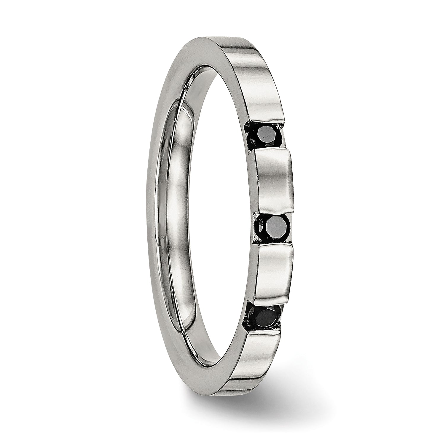 Chisel Stainless Steel Polished 3 Stone Black CZ 2.5mm Flat Band