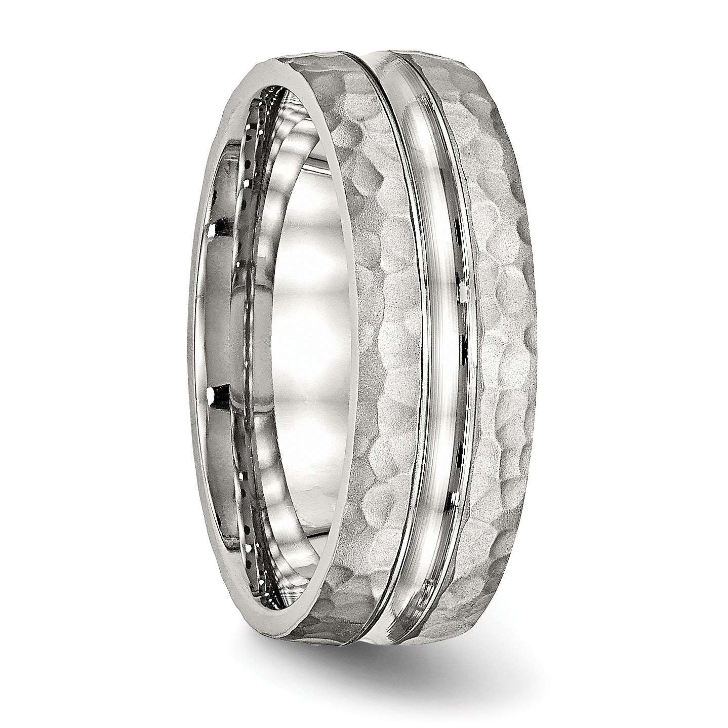 Stainless Steel Polished and Hammered 7.5mm Grooved Band