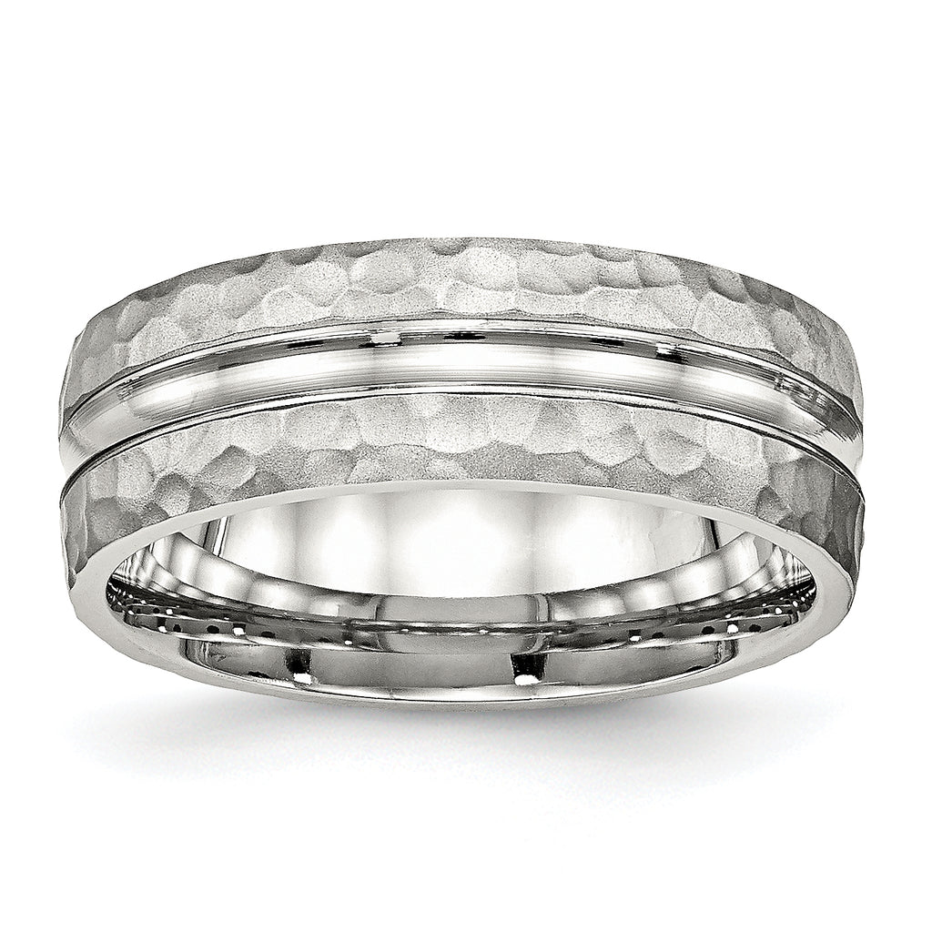 Stainless Steel Polished and Hammered 7.5mm Grooved Band