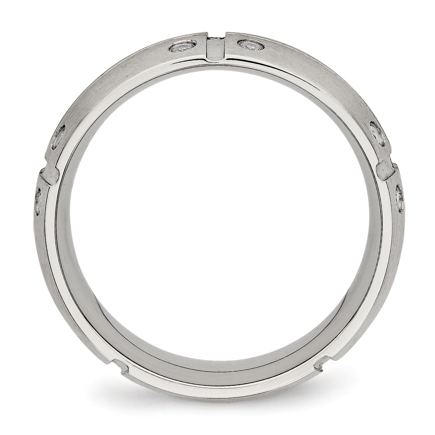 Stainless Steel Brushed and Grooved w/CZ 8mm Half Round Band