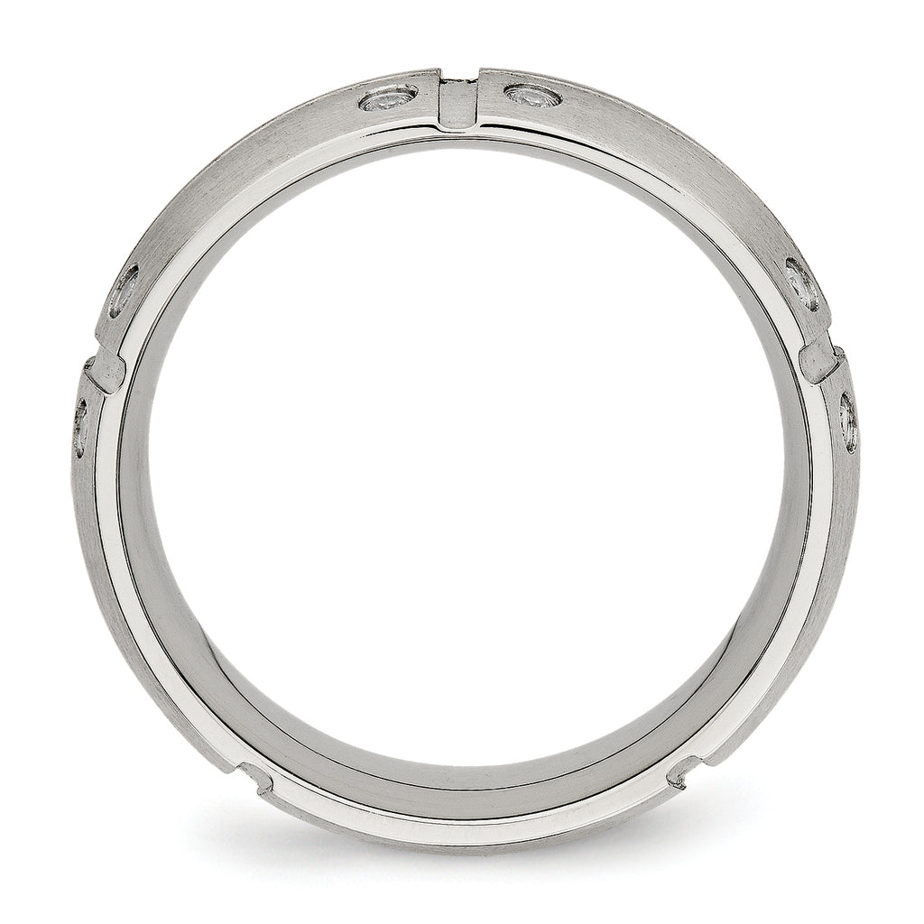 Stainless Steel Brushed and Grooved w/CZ 8mm Half Round Band