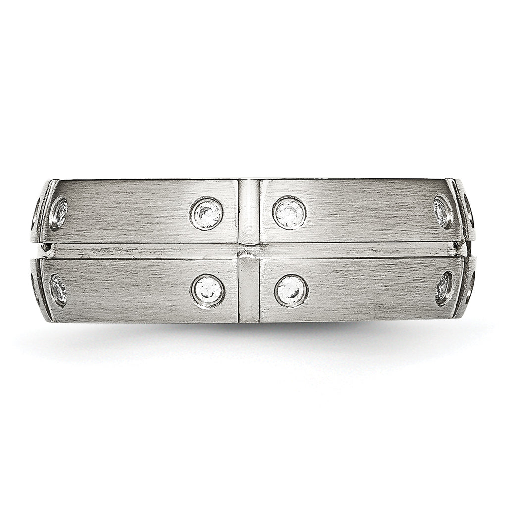 Stainless Steel Brushed and Grooved w/CZ 8mm Half Round Band
