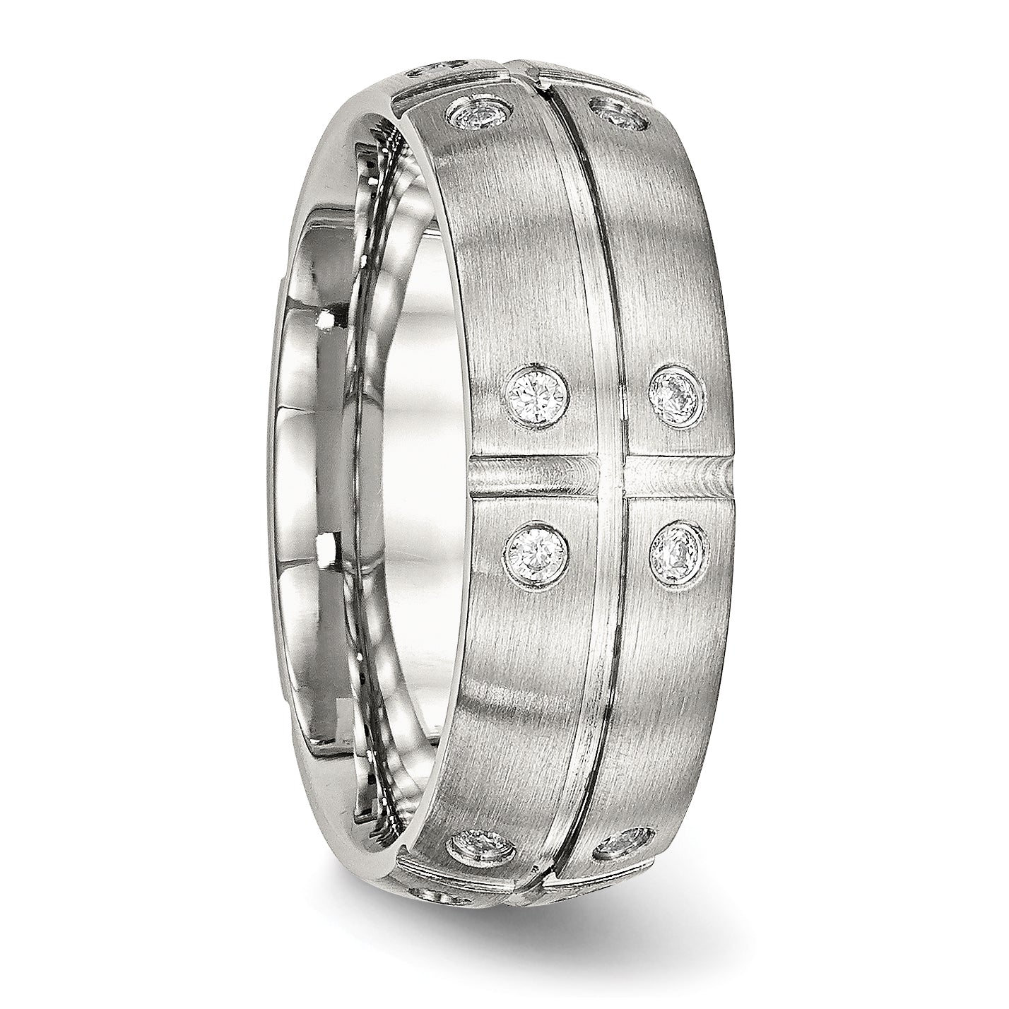 Stainless Steel Brushed and Grooved w/CZ 8mm Half Round Band