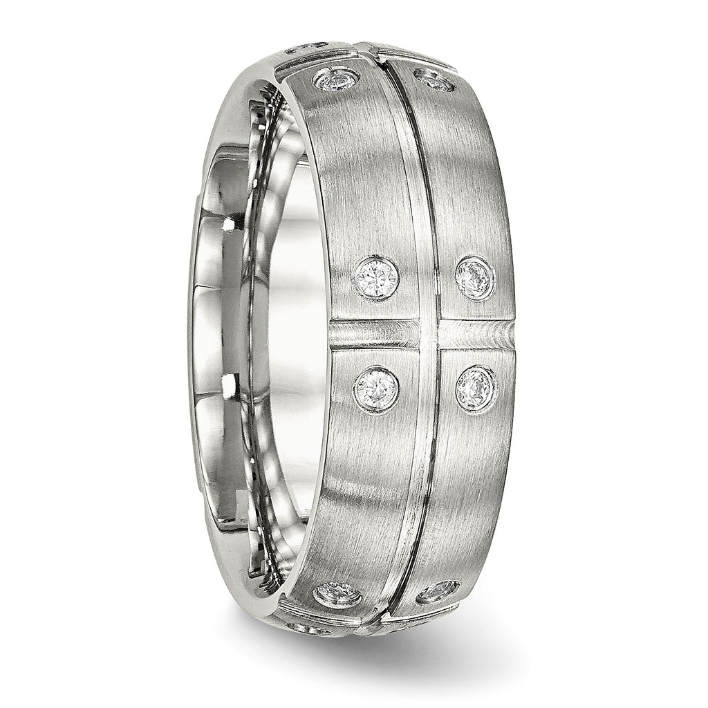 Stainless Steel Brushed and Grooved w/CZ 8mm Half Round Band