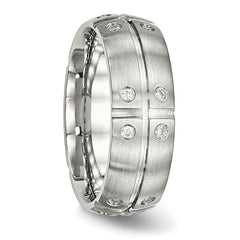 Stainless Steel Brushed and Grooved w/CZ 8mm Half Round Band