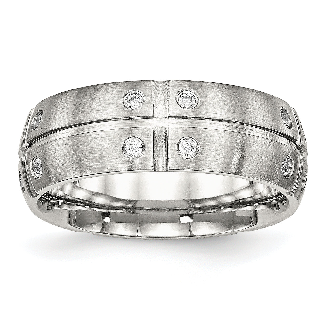 Stainless Steel Brushed and Grooved w/CZ 8mm Half Round Band Main image