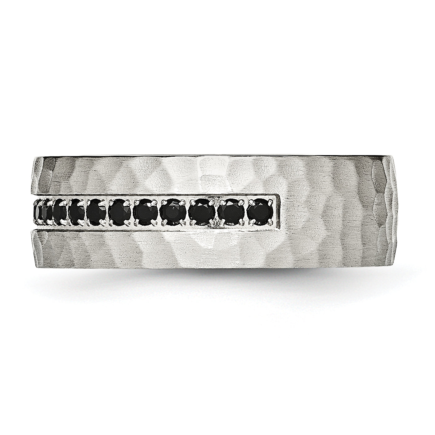 Chisel Stainless Steel Brushed and Hammered with Black CZ 7.5mm Band