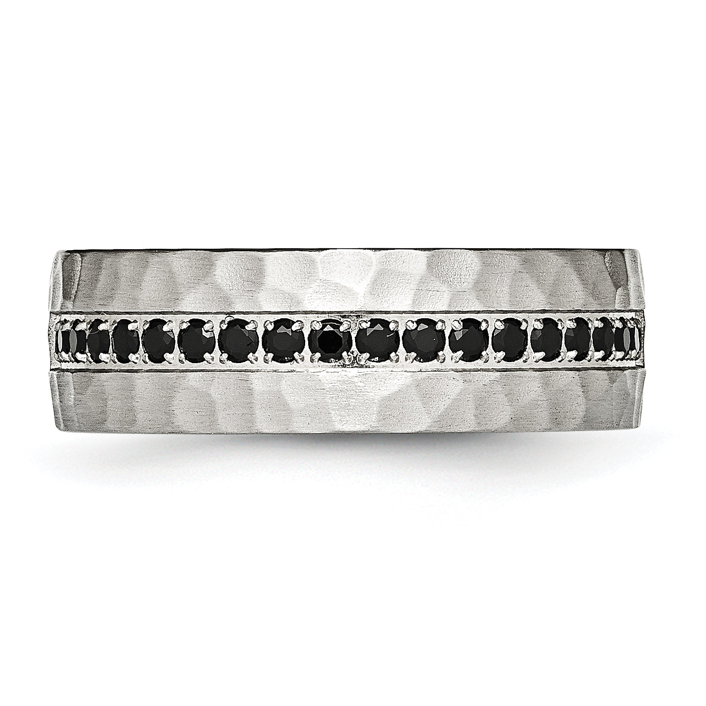 Chisel Stainless Steel Brushed and Hammered with Black CZ 7.5mm Band