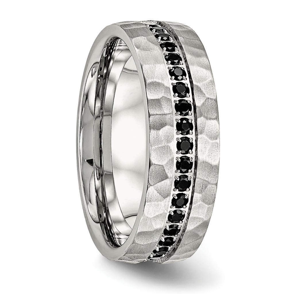 Chisel Stainless Steel Brushed and Hammered with Black CZ 7.5mm Band
