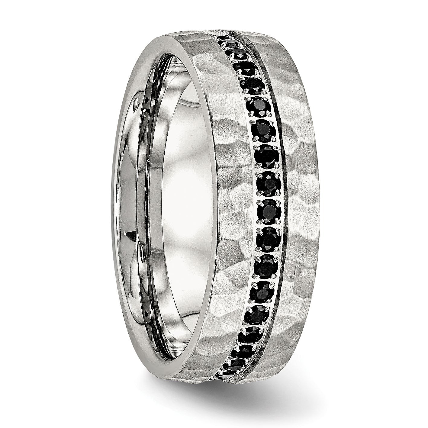Chisel Stainless Steel Brushed and Hammered with Black CZ 7.5mm Band