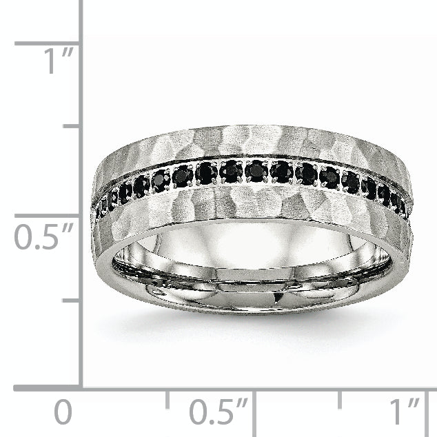 Chisel Stainless Steel Brushed and Hammered with Black CZ 7.5mm Band