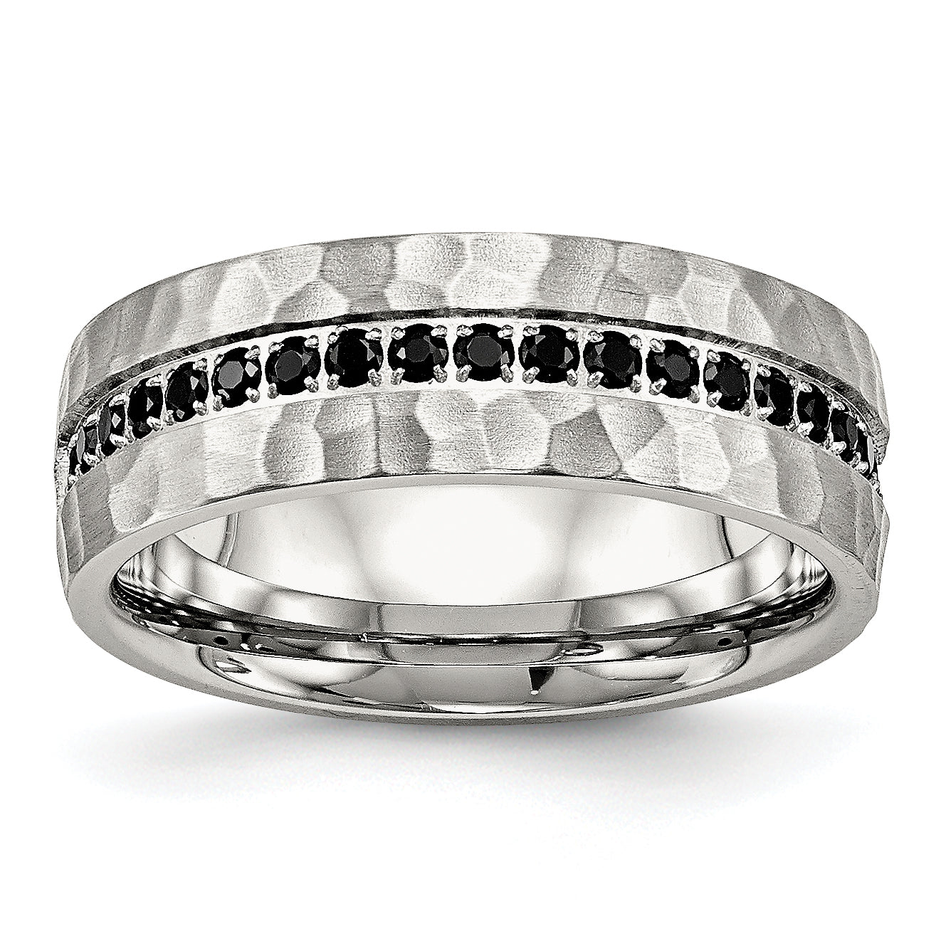 Chisel Stainless Steel Brushed and Hammered with Black CZ 7.5mm Band Main image