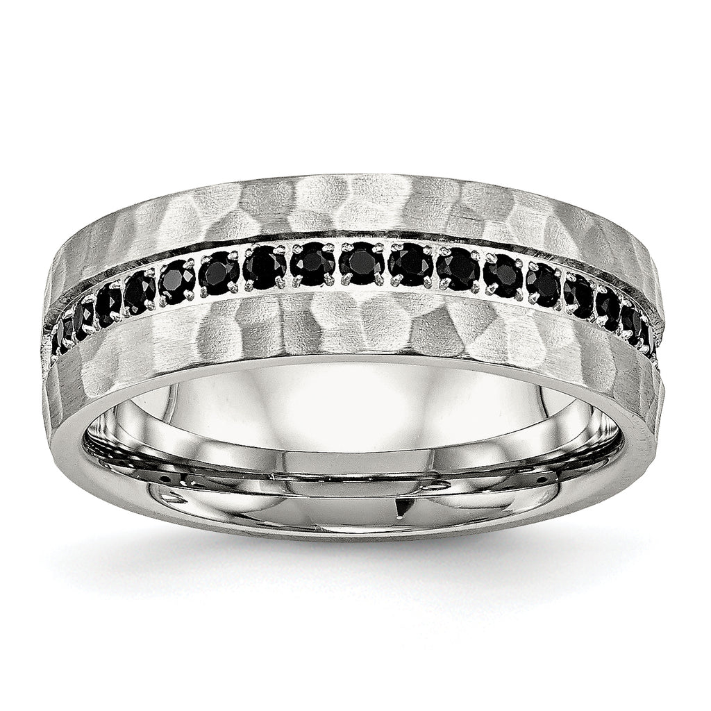 Chisel Stainless Steel Brushed and Hammered with Black CZ 7.5mm Band