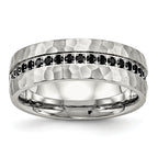 Chisel Stainless Steel Brushed and Hammered with Black CZ 7.5mm Band