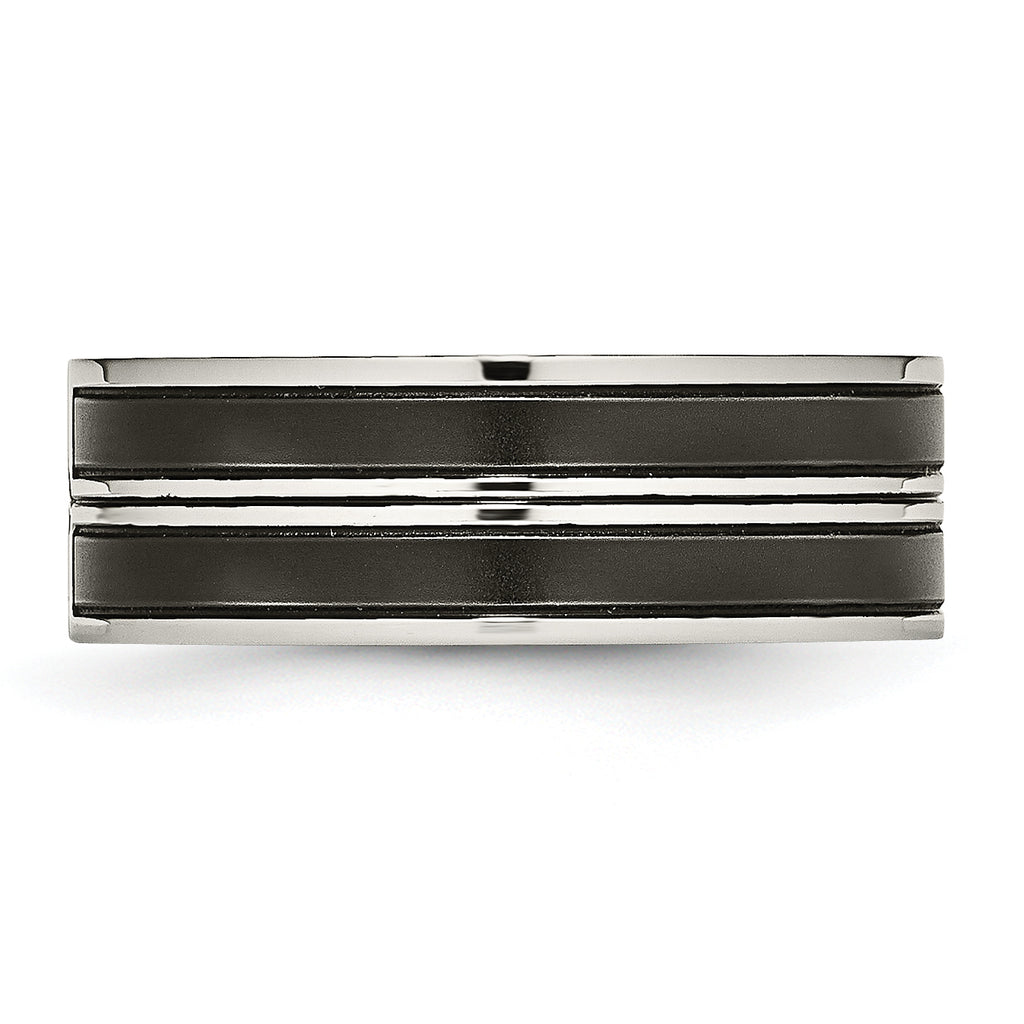 Stainless Steel Polished w/Brushed Center Black IP-plated CZ 8mm Band