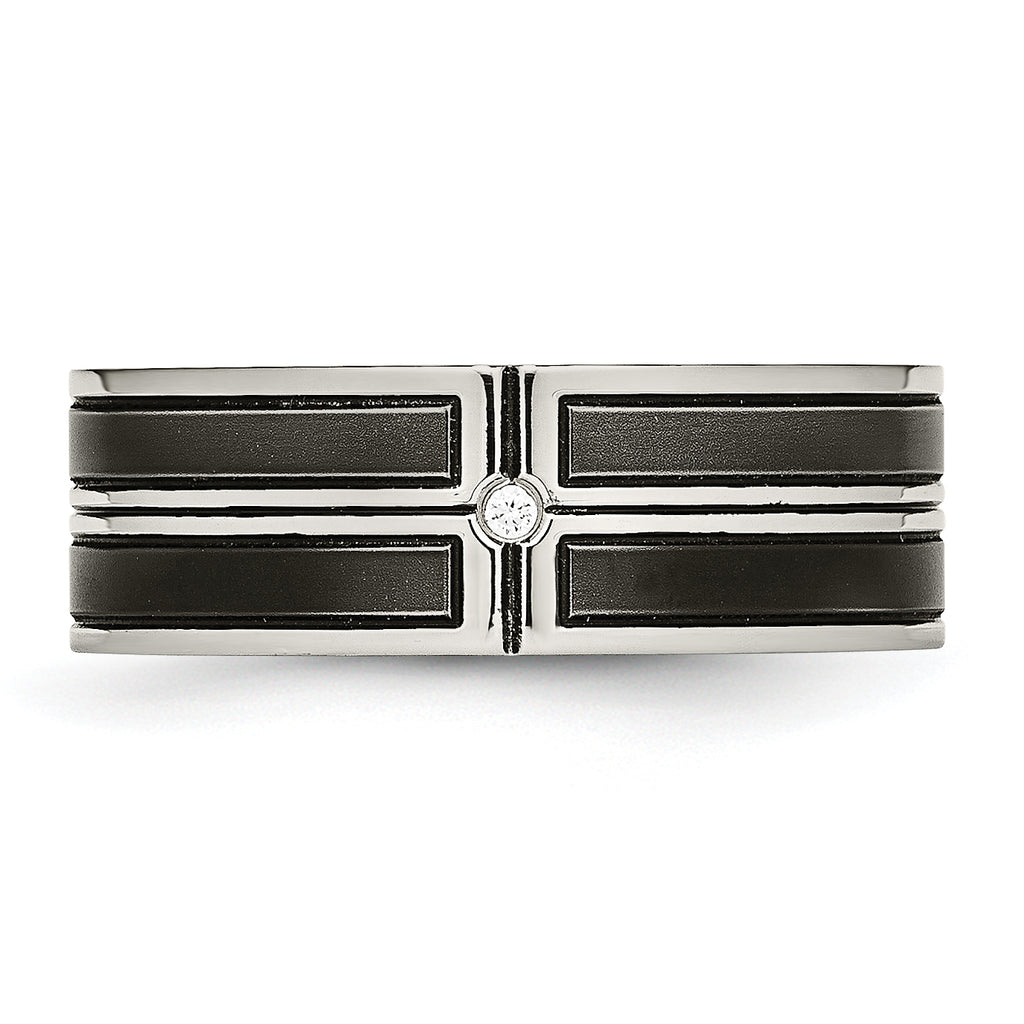 Stainless Steel Polished w/Brushed Center Black IP-plated CZ 8mm Band