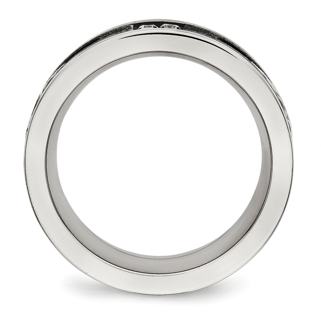 Stainless Steel Polished Black IP Laser Cut w/Cable Inlay & CZ 8mm Band