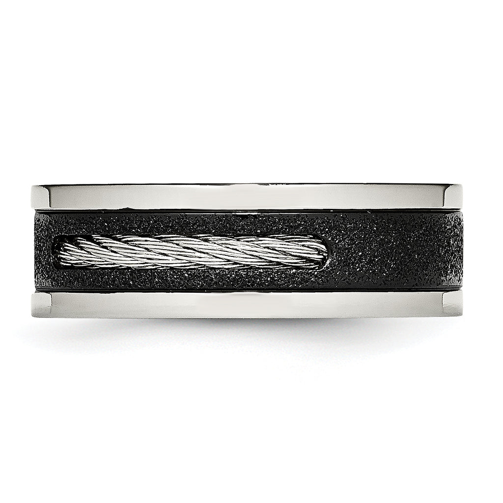 Stainless Steel Polished Black IP Laser Cut w/Cable Inlay & CZ 8mm Band