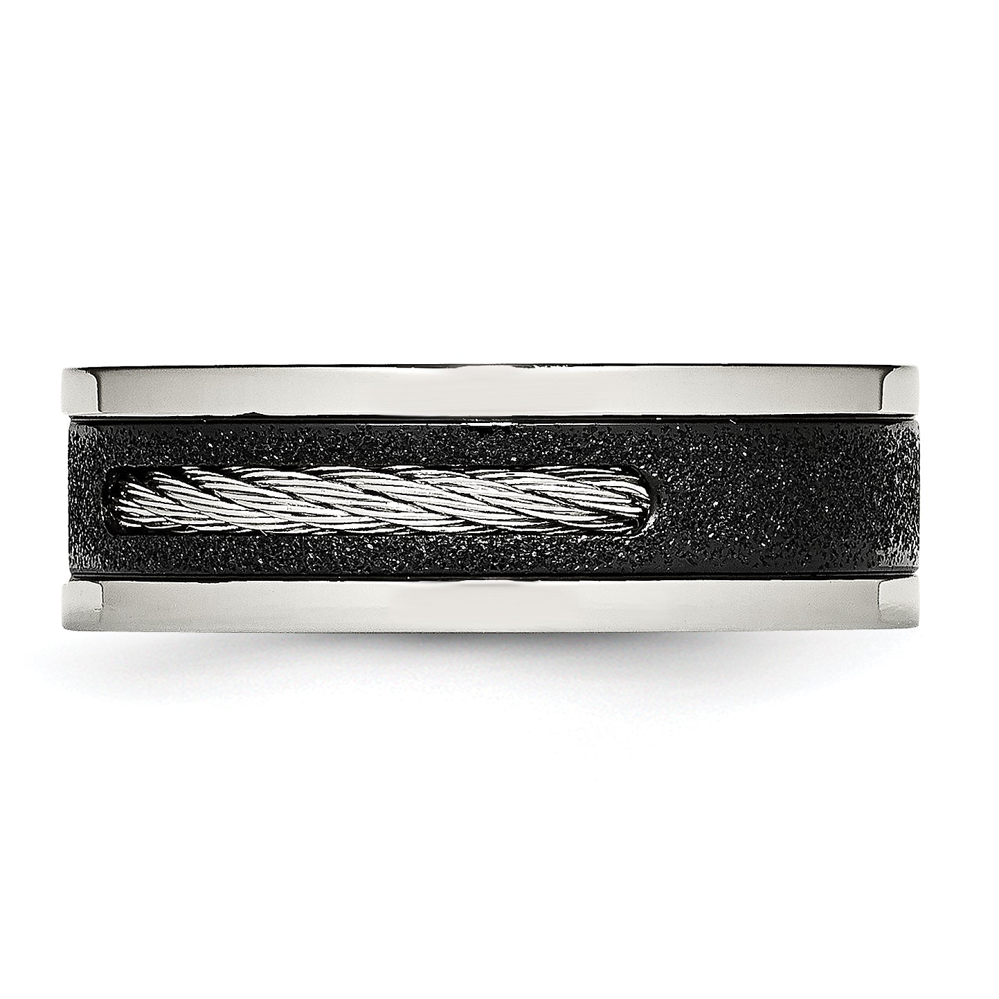 Stainless Steel Polished Black IP Laser Cut w/Cable Inlay & CZ 8mm Band