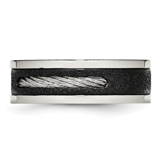 Stainless Steel Polished Black IP Laser Cut w/Cable Inlay & CZ 8mm Band