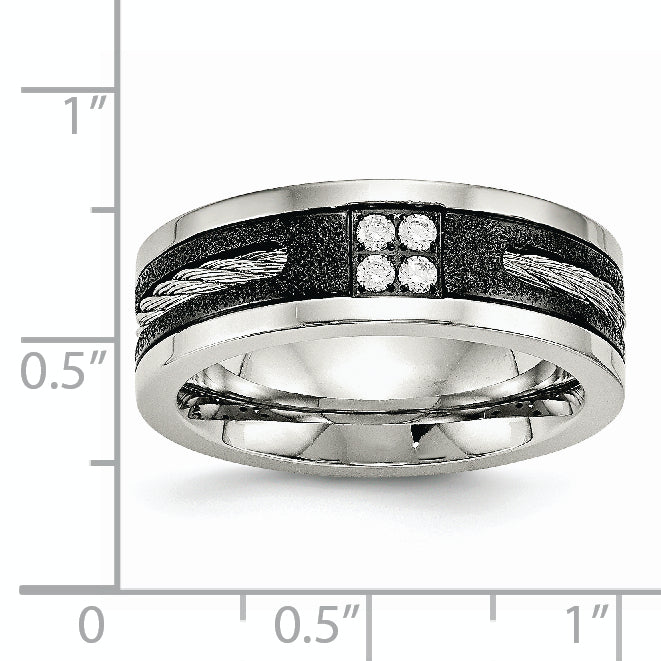 Stainless Steel Polished Black IP Laser Cut w/Cable Inlay & CZ 8mm Band